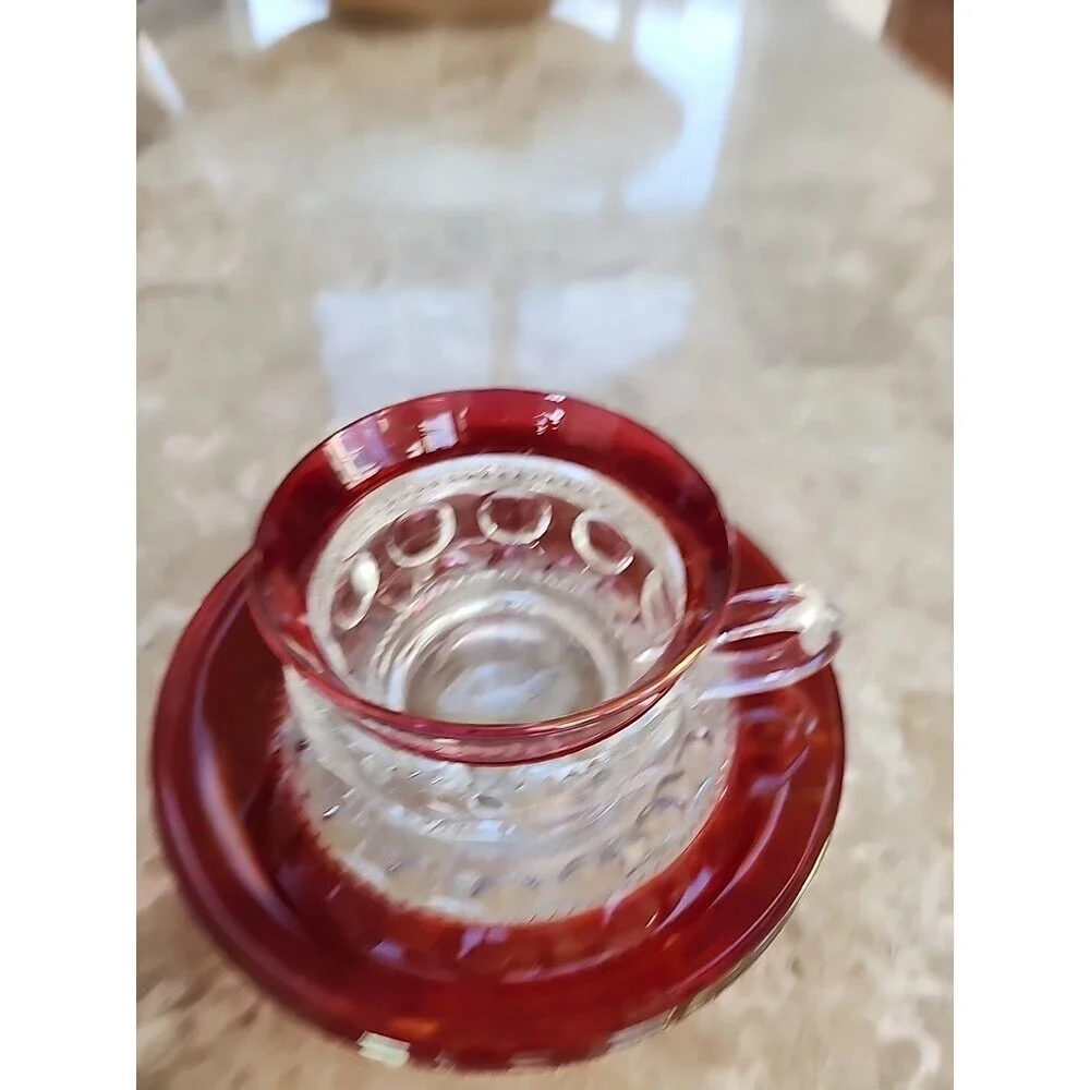 Indiana Glass Kings Crown Ruby Flash Cup And 2 Saucers - Picture 2 of 3